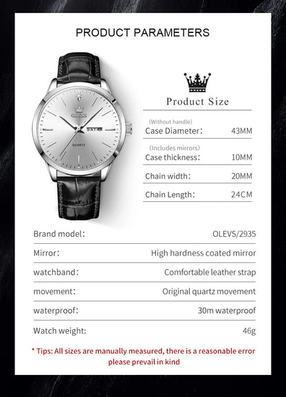 Reloj de vestir de cuarzo OLEVS 2935 con calendario dual para hombre, sencillo y original, de cuero, resistente al agua, luminoso, para negocios.