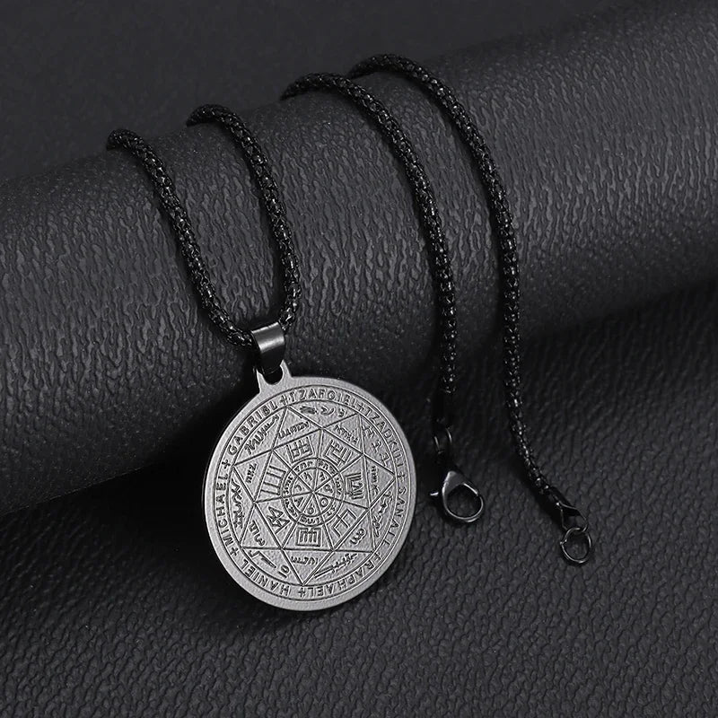 Stainless Steel Solomon Religious Seven Archangels Compass Pendant Necklace Men's Retro Lucky Amulet Jewelry