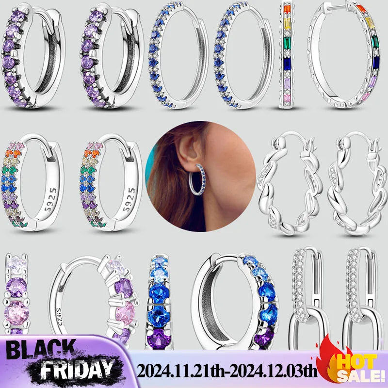 925 Sterling Silver Hypoallergenic Hoops Earrings com zircônia, jóias elegantes para mulheres e meninas, alta qualidade