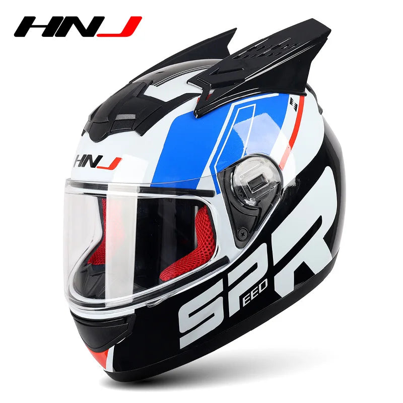 HNJ Men Motorcycle Helmet Women Full Face Helmet Riding Personality Horn Pink Helmet DOT Certification Motorcycle Helmet