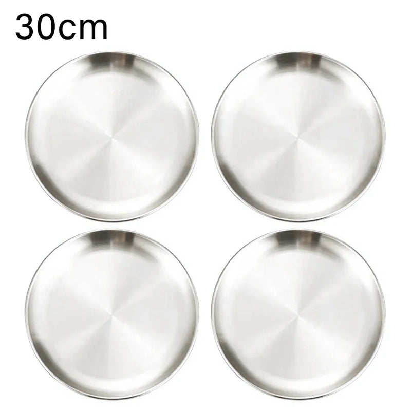 4Pcs Stainless Steel Round Plate Bone Spitting Dish Shallow Tray Metal Camping Plate Dining Disc BBQ Picnic Dishes Cookware