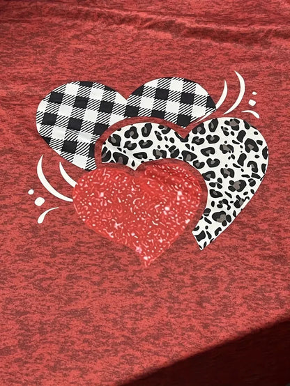 Camiseta con estampado de corazón a cuadros para mujer, primavera y verano 2024, informal, de manga corta, talla grande 