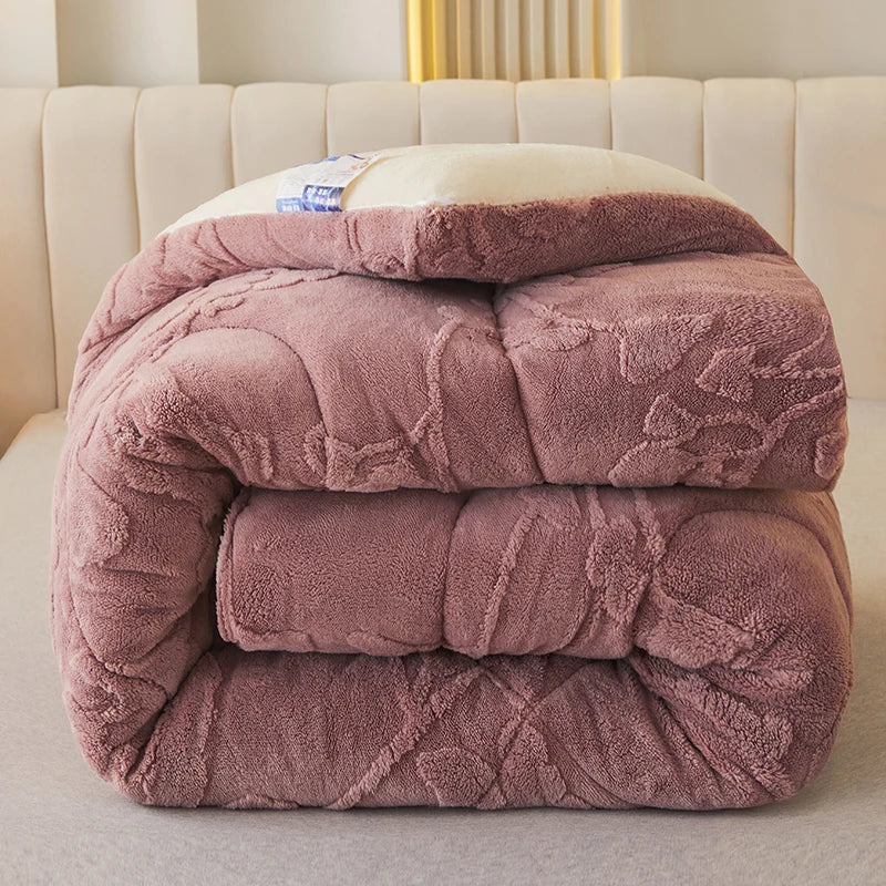 Thick Warm Imitation Lambswool Winter Blanket for Bed, Soft Jacquard Coral Fleece Quilt, Double-Sided Plush Weighted Blanket 5kg