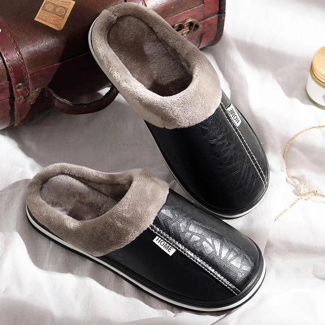 Men's Waterproof Leather Home Slippers Warm Indoor Shoes Thick Bottom Couple Cotton Flat Shoes Home Winter 