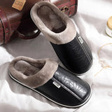 Men's Waterproof Leather Home Slippers Warm Indoor Shoes Thick Bottom Couple Cotton Flat Shoes Home Winter 