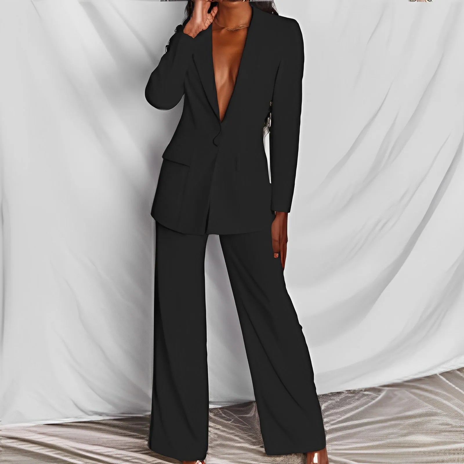 Blazer de color liso para mujer, traje elegante, pantalones rectos ajustados, conjunto de 2 piezas para oficina, otoño e invierno