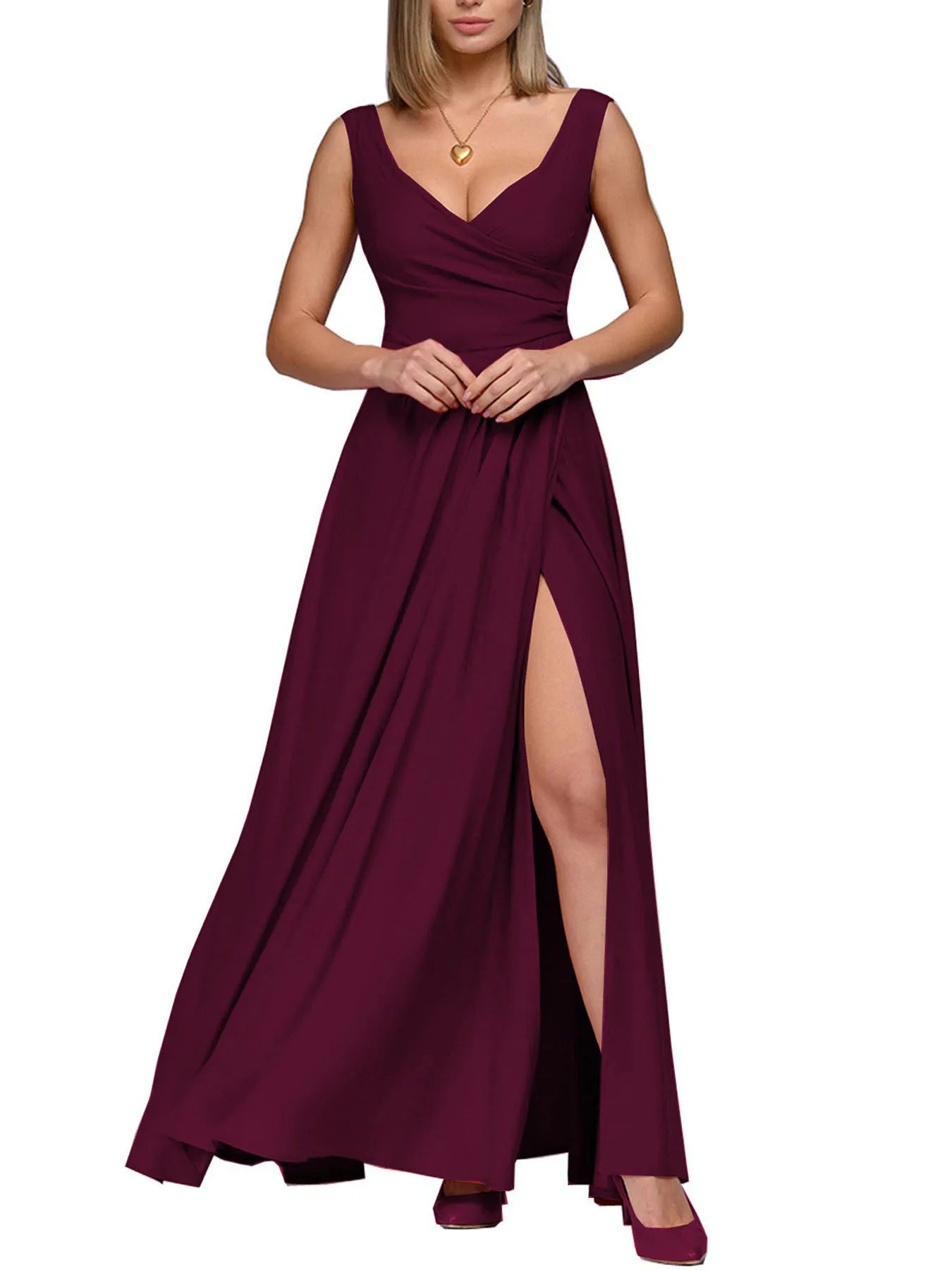 Women's 2025 Summer Solid Color Formal Dress - Sleeveless Evening Gown with Waist Accent, Elegant Floor Length Bridesmaid Dress