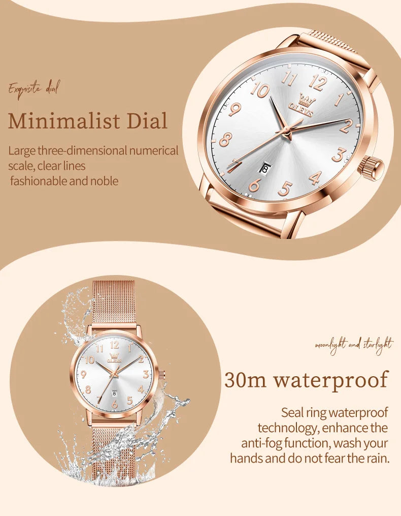 OLEVS 5653 Woman Watches Elegant Original Quartz Watch Waterproof Arabic Numerals Mesh Belt Date Ladies Watch Set Bracelet Watch