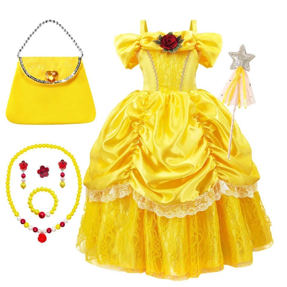 Kids Belle Cosplay Party Princess Dress Beauty Beast Princess Clothes Halloween Event Festival Party Flowers Print Costume