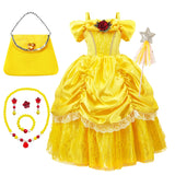 Kids Belle Cosplay Party Princess Dress Beauty Beast Princess Clothes Halloween Event Festival Party Flowers Print Costume