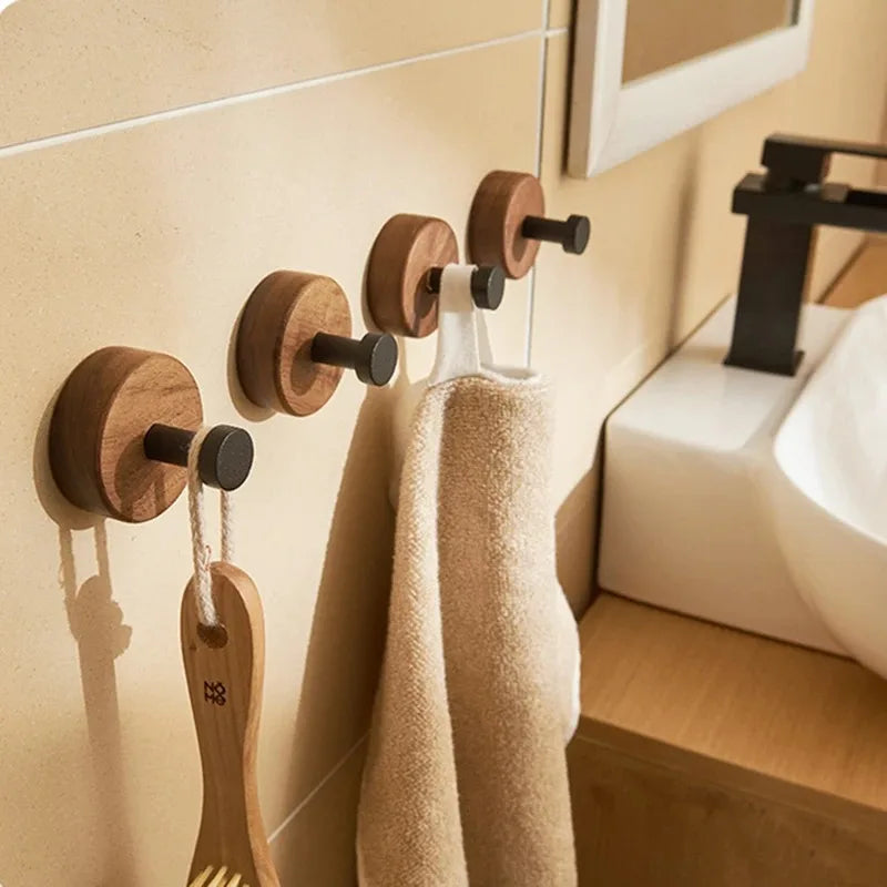 Self-adhesive New Simple Solid Wood Hook Walnut Hanging Hanger Bathroom Wall Hook Bedroom Coat Storage Rack Home Towel Key Decor