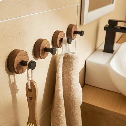 Self-adhesive New Simple Solid Wood Hook Walnut Hanging Hanger Bathroom Wall Hook Bedroom Coat Storage Rack Home Towel Key Decor