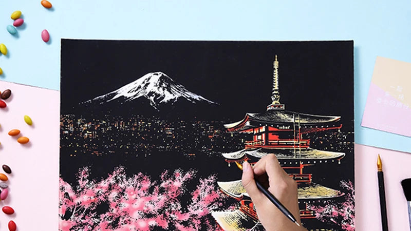 Scratch Art Paper Set 2 Sheets World Landmark Night Scene with Stylus DIY Crafts Stress Relief Creative Painting Adult Kids Gift