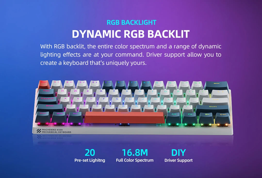 Mini teclado mecánico Machenike K500-B61 con factor de forma del 60%, 61 teclas, teclado para juegos con cable, teclas completas, retroiluminación RGB intercambiable en caliente