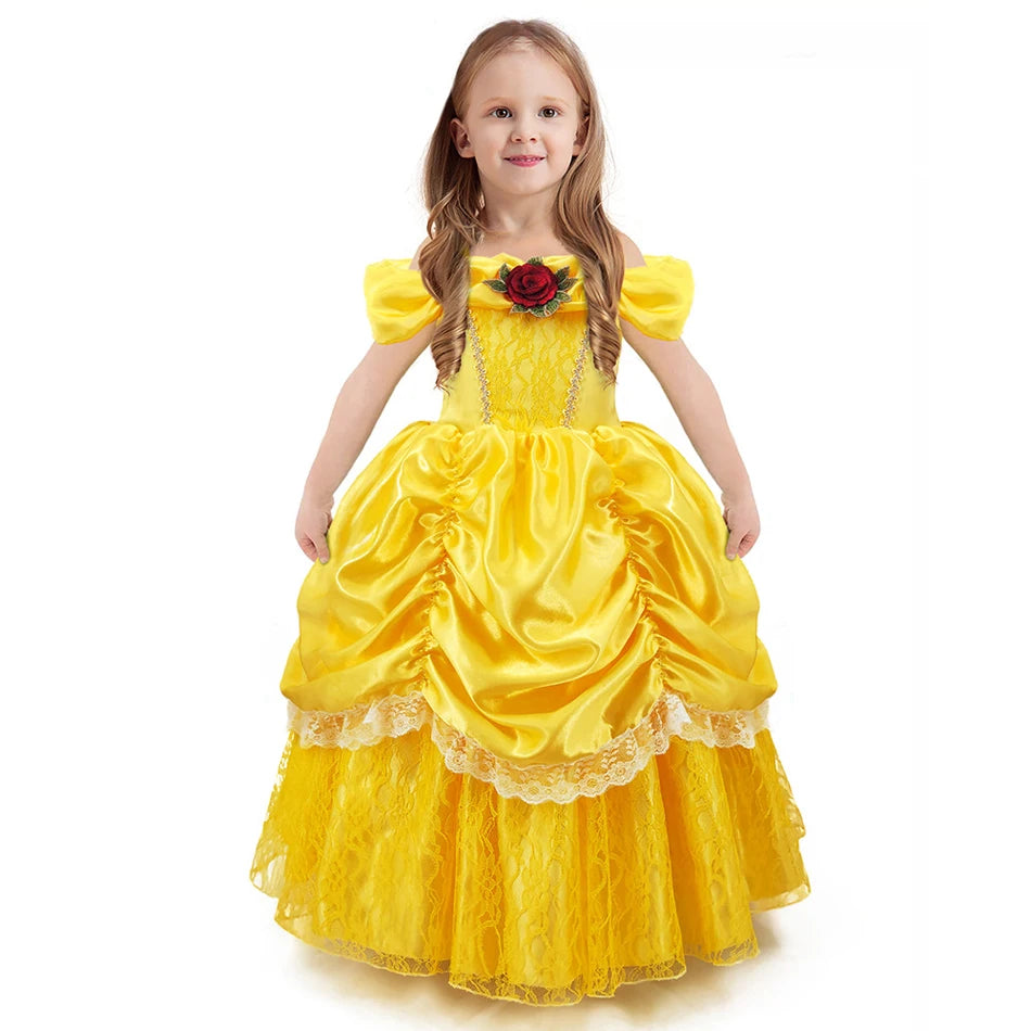 Kids Belle Cosplay Party Princess Dress Beauty Beast Princess Clothes Halloween Event Festival Party Flowers Print Costume