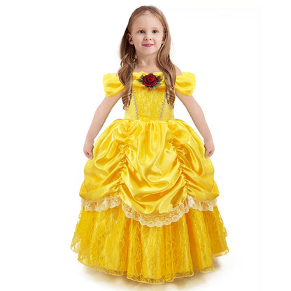 Kids Belle Cosplay Party Princess Dress Beauty Beast Princess Clothes  Halloween Event Festival Party Flowers Print Costume