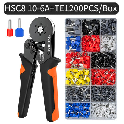Kit de crimpadora de casquillos hexagonales autoajustables con trinquete, 23-7 AWG, 0,25-10 mm², con terminales de cable y casquillos