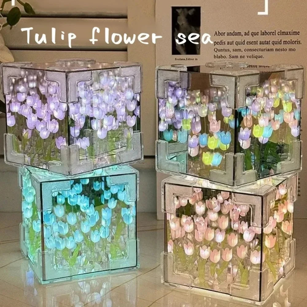 2025 DIY Tulip Sea Rubik's Cube Mirror Night Light Car Decoration Materials Handmade Birthday Gifts for Friends and Colleagues