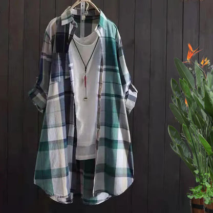 Plaid Cotton Mid Length Blouses Women 2023 Autumn  Long Sleeve Elegant Casual Shirt Korean Fashion New Loose Button Blouses