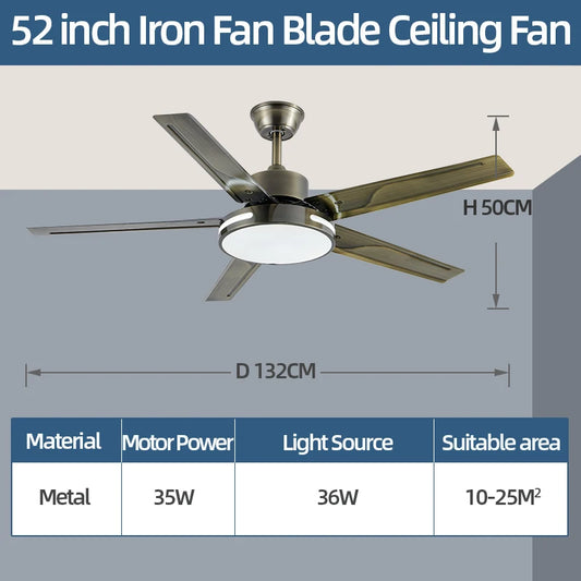 IRALAN Industrial Ceiling Fan Light Reversible Quiet DC Motor 3 Color LED Metal Blades for Living Room Kitchen Lobby Decorate