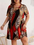 Plus Size Leopard Print Loose Dress, Casual Short Sleeve Dress For Spring &amp; Summer, Women's Plus Size Clothing
