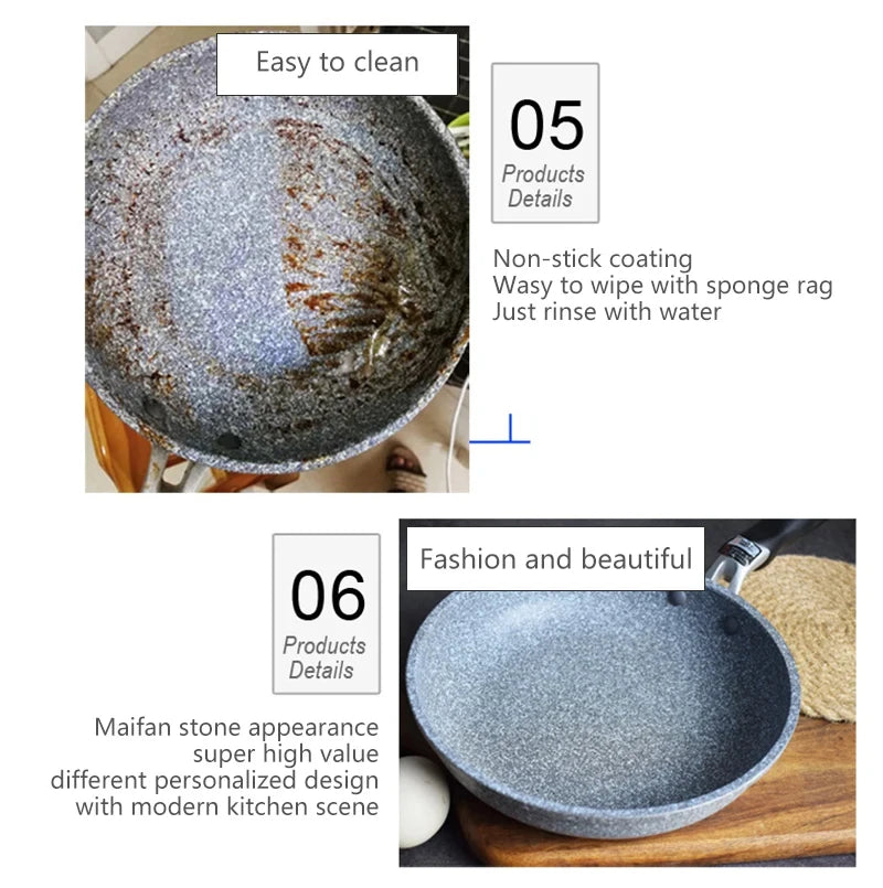 Durable Stone Frying Pan 28/26/24/20cm Wok Non-stick Pan Skillet Cauldron Induction Cooker Pans Pancake Egg Gas Stove Home