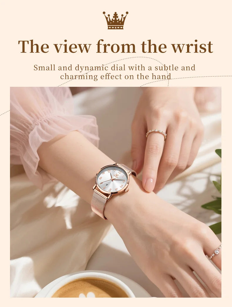 OLEVS 5653 Woman Watches Elegant Original Quartz Watch Waterproof Arabic Numerals Mesh Belt Date Ladies Watch Set Bracelet Watch