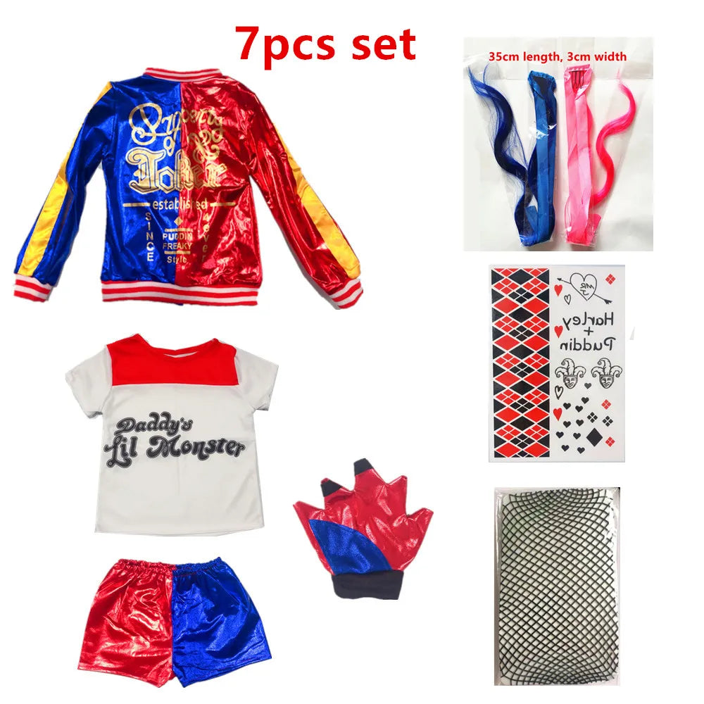 Harley Quinn Cosplay Suicide Squad Harleen Quinzel Kids Girls T-Shirt Joker Jacket Halloween Costume