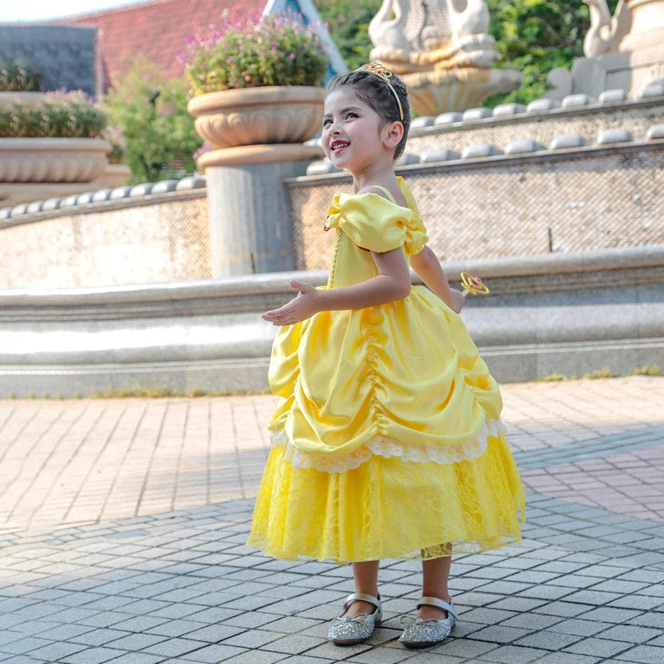 Kids Belle Cosplay Party Princess Dress Beauty Beast Princess Clothes Halloween Event Festival Party Flowers Print Costume
