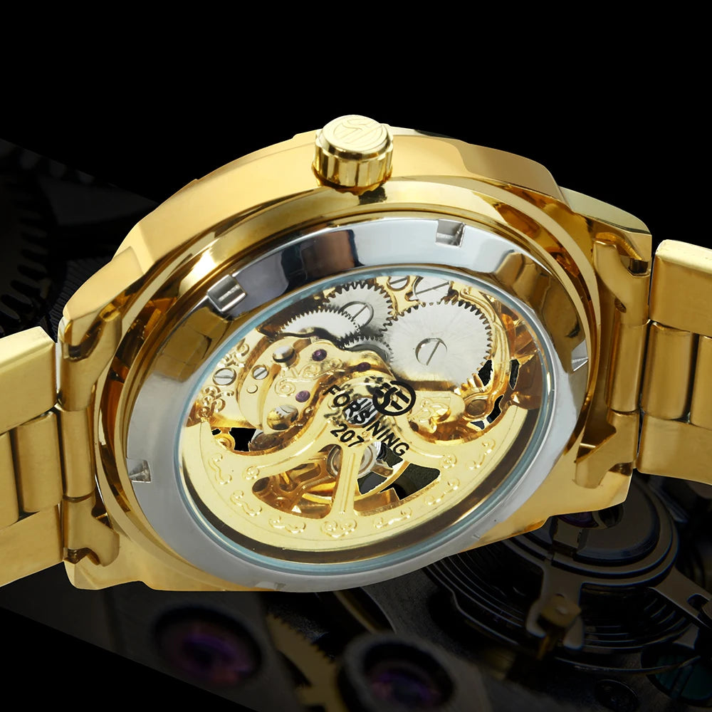 Forsining Square Skeleton Mechanical Watches Luxury Engraved Movement Retro Automatic Watch for Men Steel Strap Luminous Hands