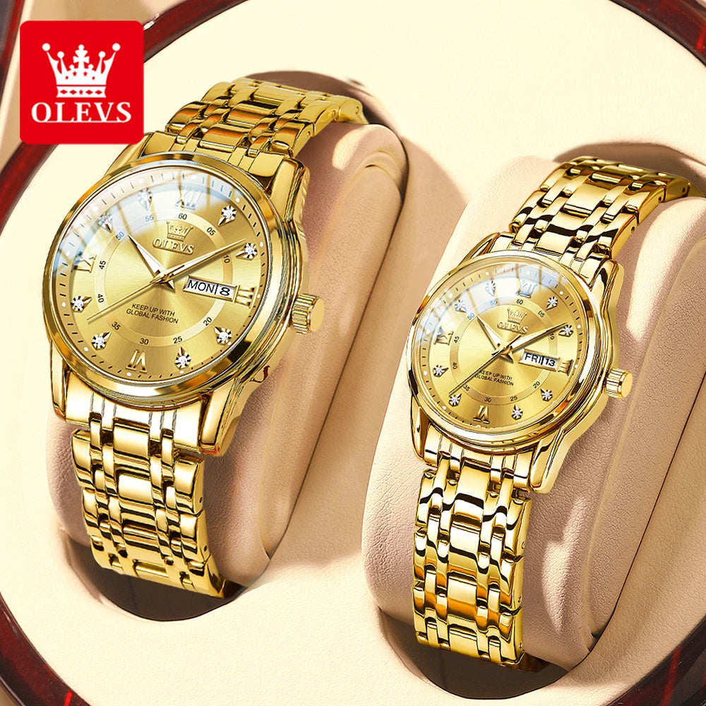 Olevs 5513 moda casal relógio de aço inoxidável à prova dwaterproof água duplo calendário na moda relógio de quartzo para homem e mulher relógio original