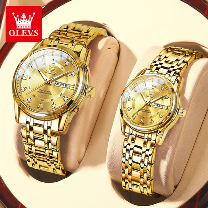 Olevs 5513 moda casal relógio de aço inoxidável à prova dwaterproof água duplo calendário na moda relógio de quartzo para homem e mulher relógio original