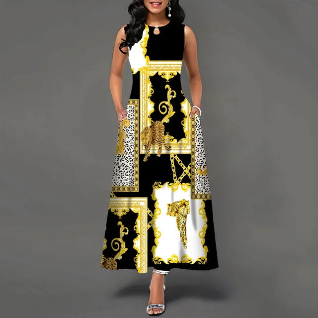 Women's V-neck Sleeveless Long Dress Retro Bohemian Dresses Floral Print Swing Casual New 