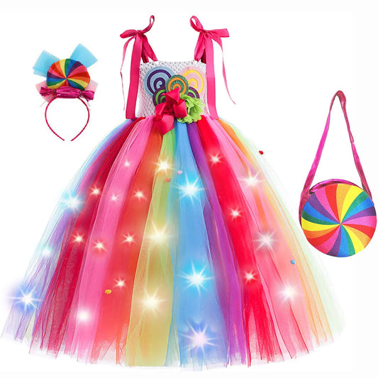 Halloween Carnival Costume Child Lollipop Apparel  Purim Kids Nice Tutu With Colored LED Puffy Candy Princess Ball Gown Dress