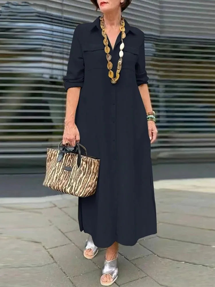 2024 primavera/verão moda feminina novo elegante plus size manga comprida botão elegante vestido de algodão linho único breasted robe