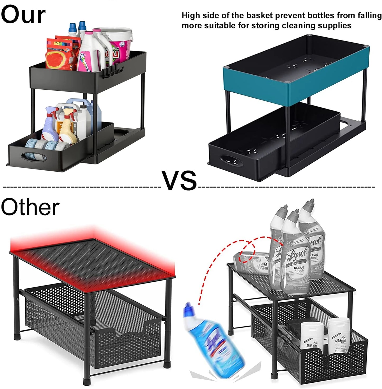 2 Tier Under Sink Organizer Sliding Cabinet Basket Organizer Storage Rack with Hooks Hanging Cup Bathroom Kitchen Organizer