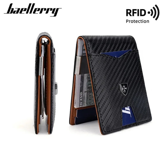 Cartera minimalista para hombre, tarjetero, nueva cartera Baellerry RFID antirrobo con doble pliegue, de cuero cruzado, tarjetero de crédito