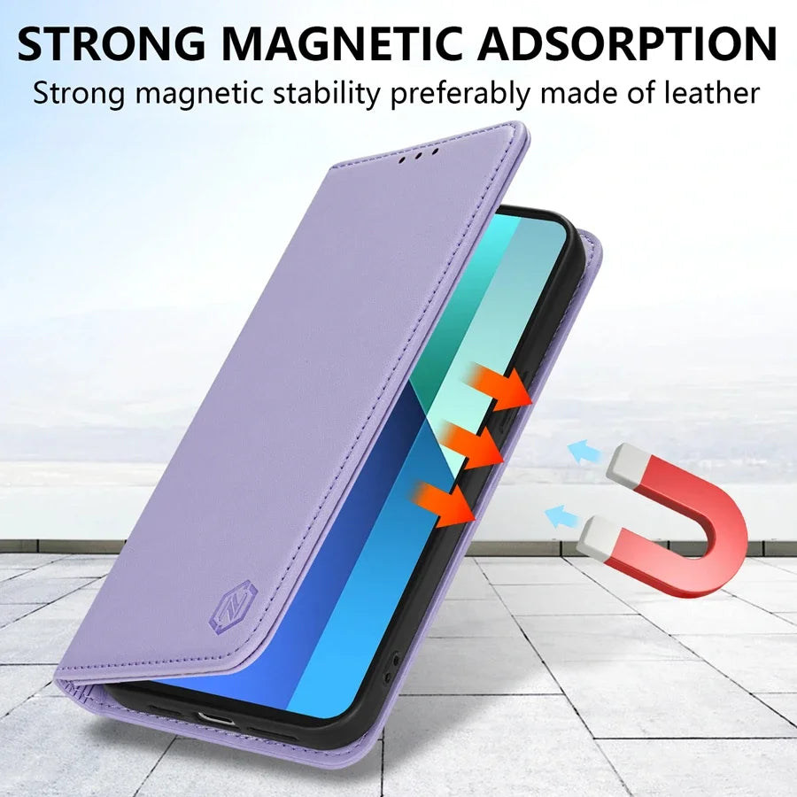 Wallet Skin friendly Magnetic Card Slot Flip Leather Case For Xiaomi 14T 13T 11T Poco X6 C65 C75 Redmi 14C 13C 13 12C 10C 9A 9C