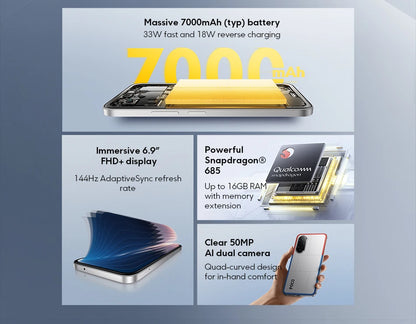 Global Version POCO M7 Snapdragon 685 Smartphone Immersive 6.9" 144Hz FHD+ Display 7000mAh battery 33W Charging NFC