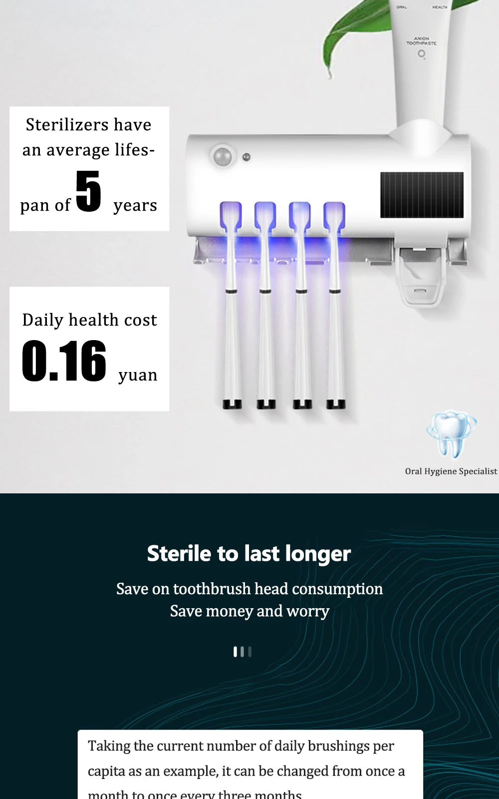 Toothbrush Holder Toothpaste Dispenser Solar Energy Bathroom Toothbrush Storage Box Multi-function Storage Holder USB Charge