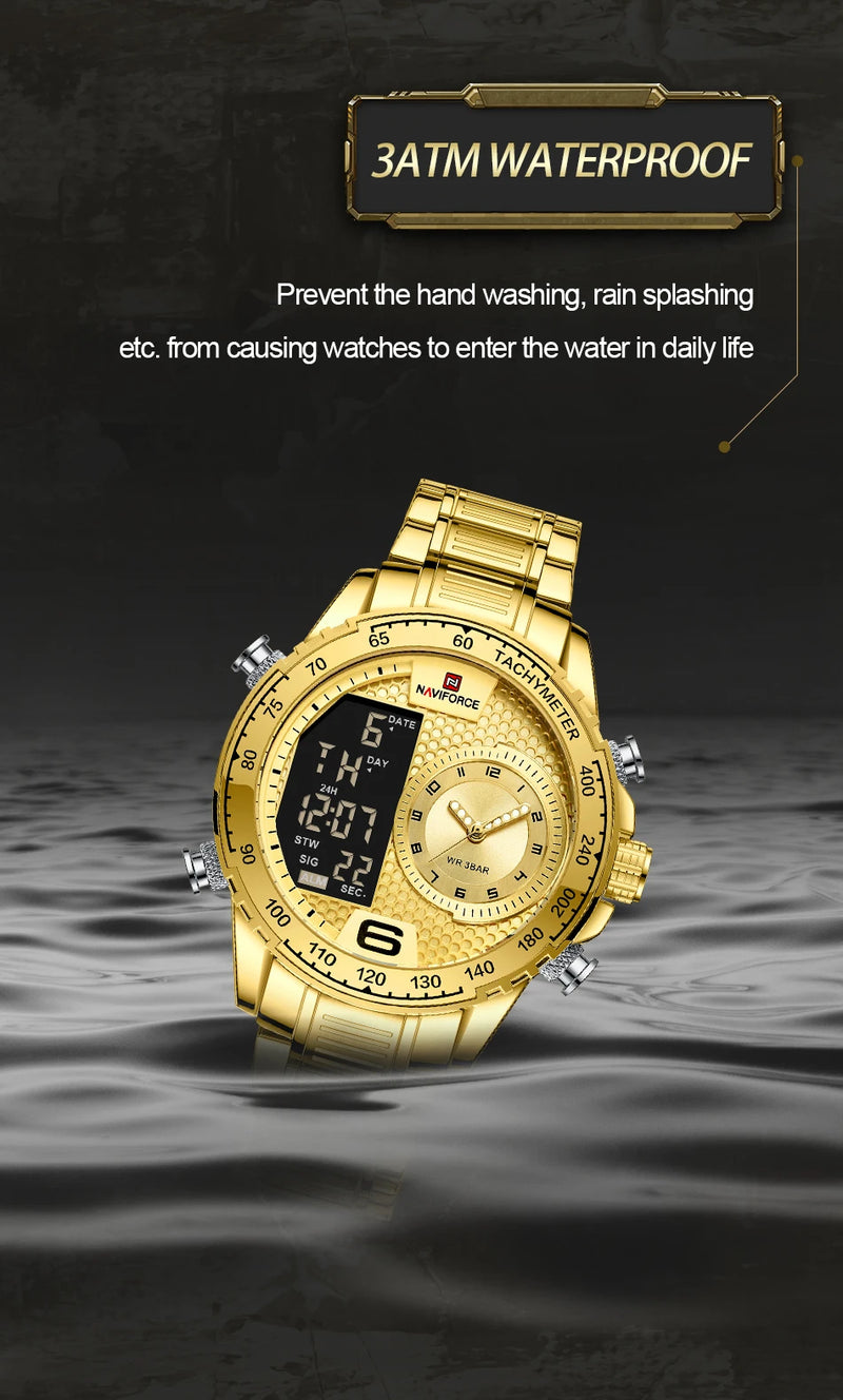 NAVIFORCE Luxury Quartz Watch for Men Honeycomb Dial Design Stainless Steel Wristwatch Dual Display Digital Watches Male Clock