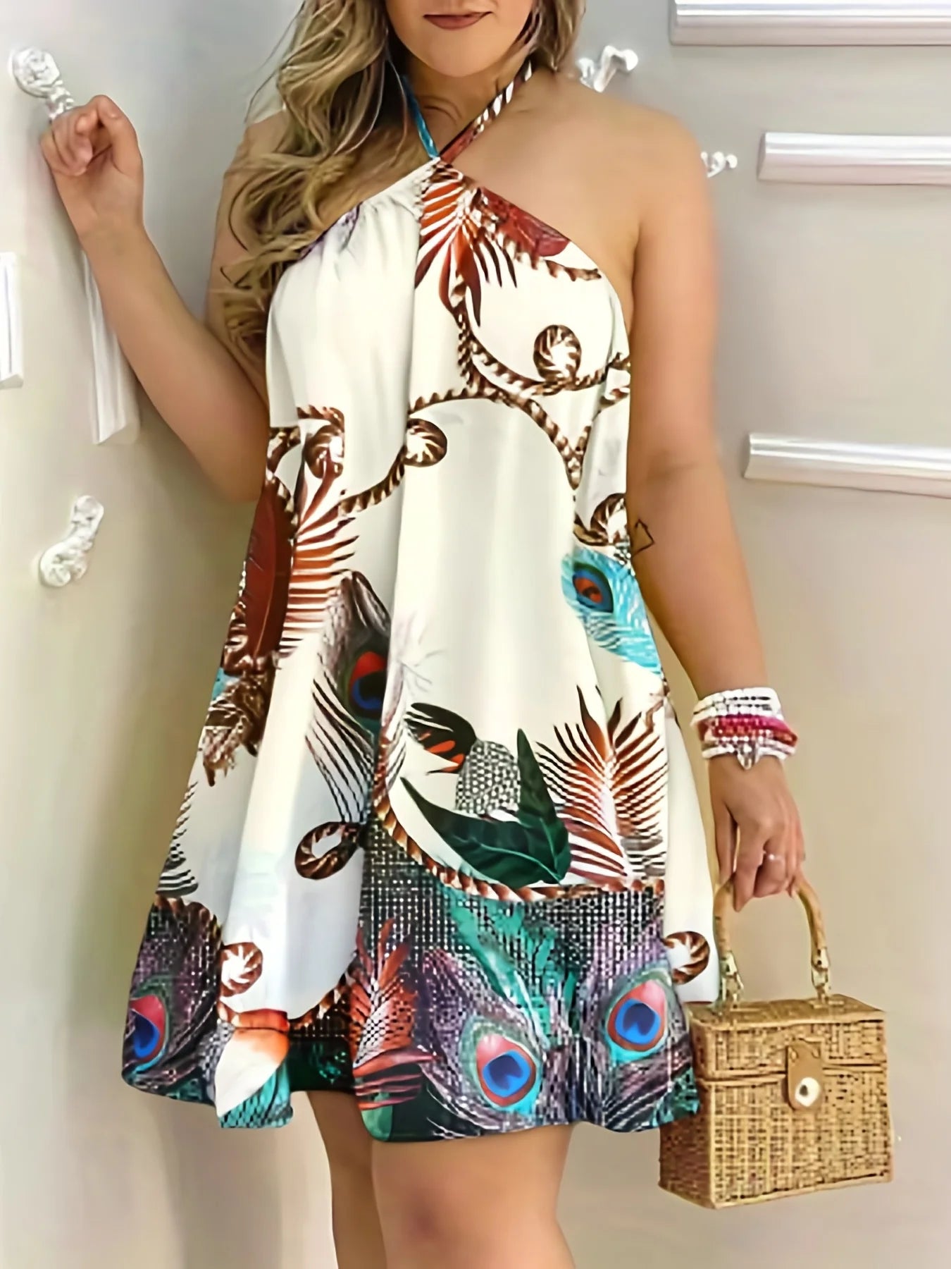 Plus Size Dresses For Women 2023 Sexy Sleeveless Backless Short Mini Dress Loose Halter Neck Print Beach Sundress Floral Vestido