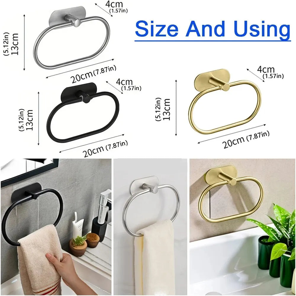 Stainless Steel Towel Holder Self-adhesive Bathroom Towel Rack Black Washhand Hanger Ring Rail Bar Kitchen Storage Accessories