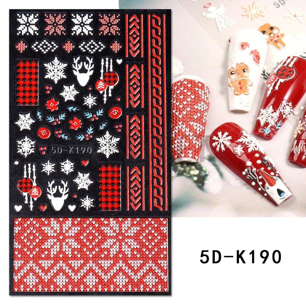 5D Red Christmas Nail Stickers Glitter Embossed Snowflake Gloves Feather Bulb Bells Winter Xmas DIY Engraved Manicure Decoration