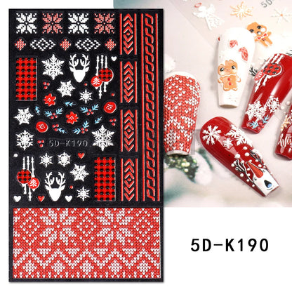 5D Red Christmas Nail Stickers Glitter Embossed Snowflake Gloves Feather Bulb Bells Winter Xmas DIY Engraved Manicure Decoration