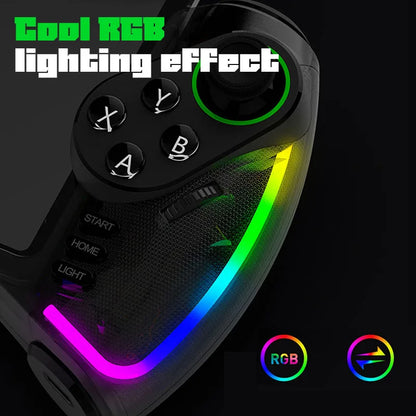 Mando Bluetooth Ipega PG-9777S para Nintendo Switch, Android, iOS, iPad y PC con luz RGB, vibración lineal y control extensible.