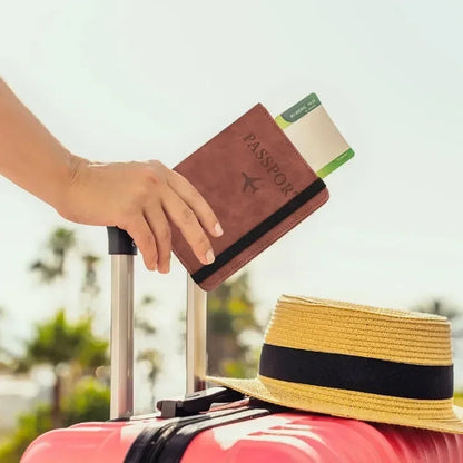 Tarjetero de cuero con bloqueo RFID, funda para pasaporte, billetera, accesorios de viaje para mujeres y hombres.