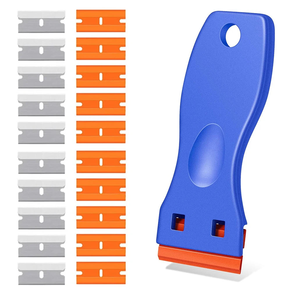 Raspador de cuchillas de afeitar de plástico con cuchillas de plástico, herramienta de limpieza para pisos, estufas, ventanas de automóviles y vidrios. 