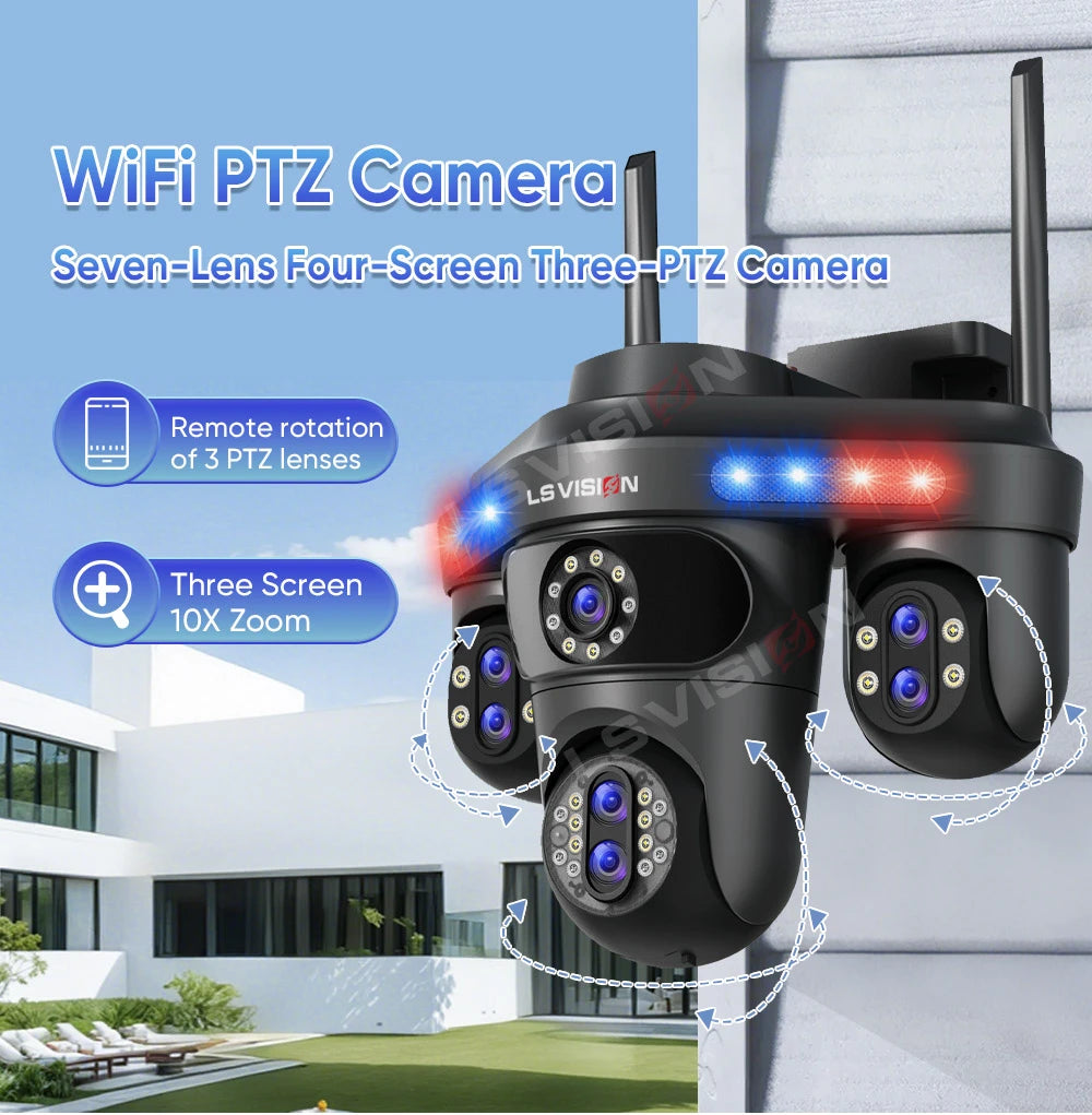 LS VISION 10X Optical Zoom 4-Screens WiFi IP Camera  35MP Outdoor Wifi Security PTZ Cam Auto Tracking Home Surveillance Cameras