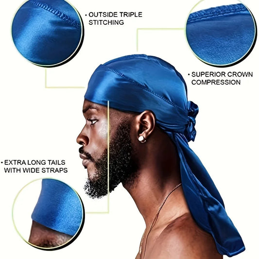 Gorro de seda Durag para hombre, bandana, gorro sedoso Du Rag Doo Rag con ondas de cola larga